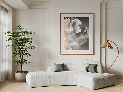 Beige Curved Sectional Sofa in Minimalist Room with Green Cushions Large Green Plant and Floor Lamp 3d model