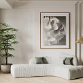 Beige Curved Sectional Sofa in Minimalist Room with Green Cushions Large Green Plant and Floor Lamp
