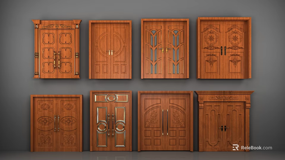 Wooden Double Doors With Various Designs Carvings Glass Panels And Metal Handles 3d model 