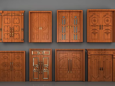 Wooden Double Doors With Various Designs Carvings Glass Panels And Metal Handles 3d model
