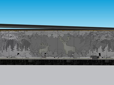 Artistic Scenic Wall Design With Carved Deer And Forest Patterns 3d model