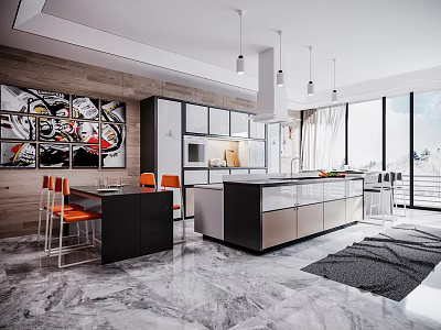 Modern Kitchen Interior Design With Island Orange Chairs Large Windows And Marble Flooring 3d model