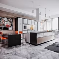 Modern Kitchen Interior Design With Island Orange Chairs Large Windows And Marble Flooring