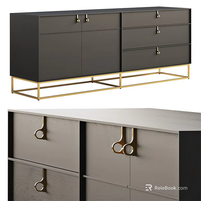 Elegant Modern Dark Gray Sideboard With Gold Metal Legs And Drawer Cabinet Doors 3d model 