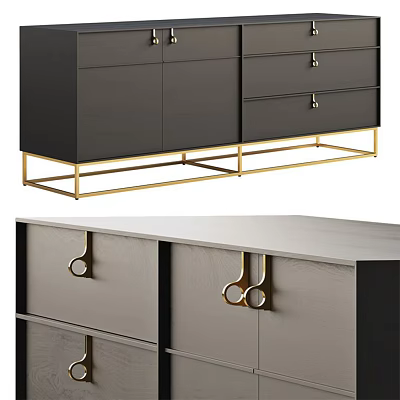 Elegant Modern Dark Gray Sideboard With Gold Metal Legs And Drawer Cabinet Doors 3d model