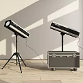 Spotlights on Tripod Stands with Wheeled Storage Case in Modern Interior and Light Shadows