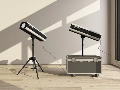 Spotlights on Tripod Stands with Wheeled Storage Case in Modern Interior and Light Shadows 3d model