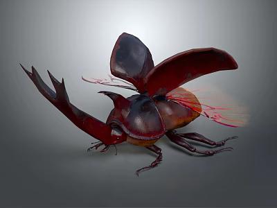 Vibrant Red Beetle Showcasing Expanded Wings And Long Horned Body Structure 3d model