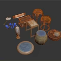 Traditional Wooden Furniture Collection With Round Stools Cushions And Tea Set