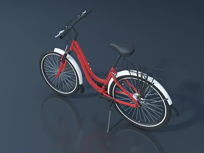 Red Bicycle Featuring Black Seat White Rimmed Wheels Rear Rack And Kickstand 3d model