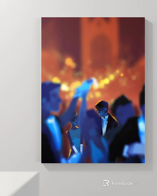 Abstract Painting With Blurred Crowd Silhouettes Raised Hands Warm Toned Light Spots Lively Dreamy Atmosphere 3d model 