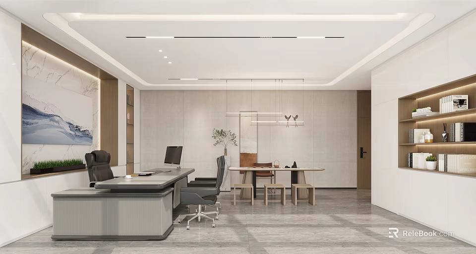 Modern Office Interior Design With Executive Desk Computer Conference Table Plants And Lighting 3d model