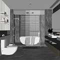 Modern Bathroom Interior Design With White Bathtub Double Vanities Wall Shelves Roller Blinds And Lighting