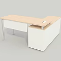 Modern Office Desk With Light Wooden Top Drawers And White Storage Cabinets