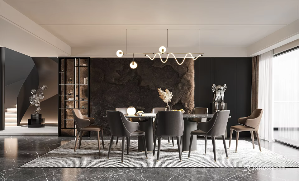 Modern Restaurant Interior With Dining Table Chairs Pendant Lights Dark Marble Wall Decorations Rug 3d model 