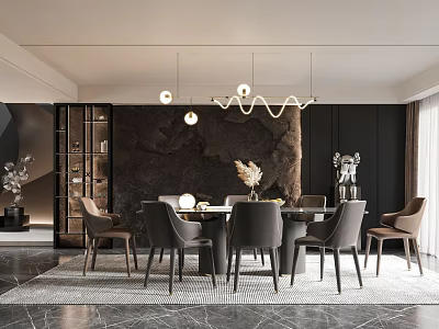 Modern Restaurant Interior With Dining Table Chairs Pendant Lights Dark Marble Wall Decorations Rug 3d model