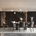 Modern Restaurant Interior With Dining Table Chairs Pendant Lights Dark Marble Wall Decorations Rug