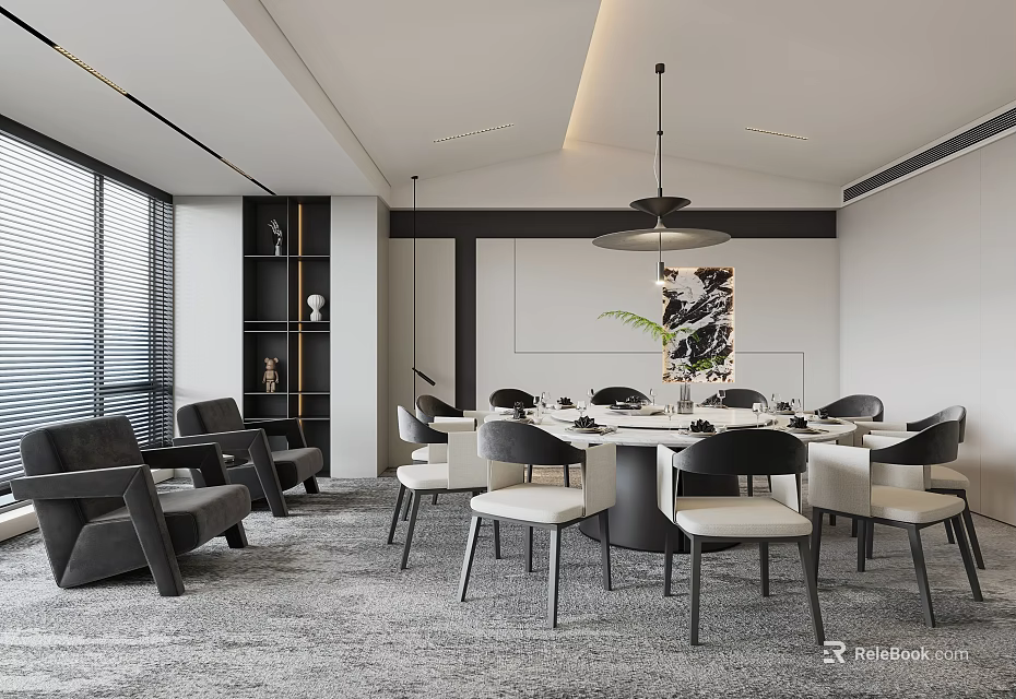Modern Private Dining Room Interior With Round Table Comfortable Chairs Hanging Lamp And Decorative Artwork 3d model 