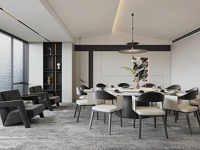 Modern Private Dining Room Interior With Round Table Comfortable Chairs Hanging Lamp And Decorative Artwork 3d model