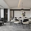 Modern Private Dining Room Interior With Round Table Comfortable Chairs Hanging Lamp And Decorative Artwork