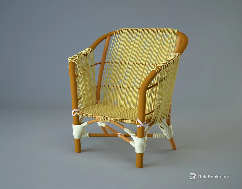 Casual Rattan Leisure Chair With Wooden Frame Yellow Weave And White Accents 3d model 