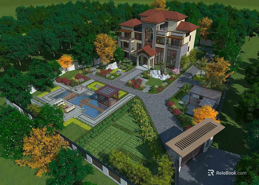 Luxury Villa Garden Landscape With Swimming Pool Pavilion Lush Greenery And Colorful Trees 3d model 