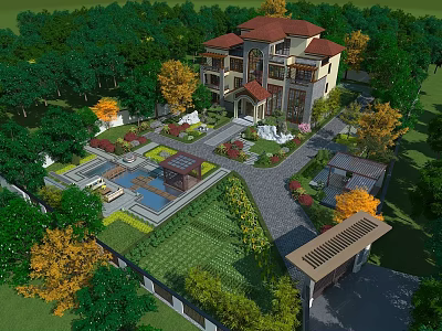 Luxury Villa Garden Landscape With Swimming Pool Pavilion Lush Greenery And Colorful Trees 3d model