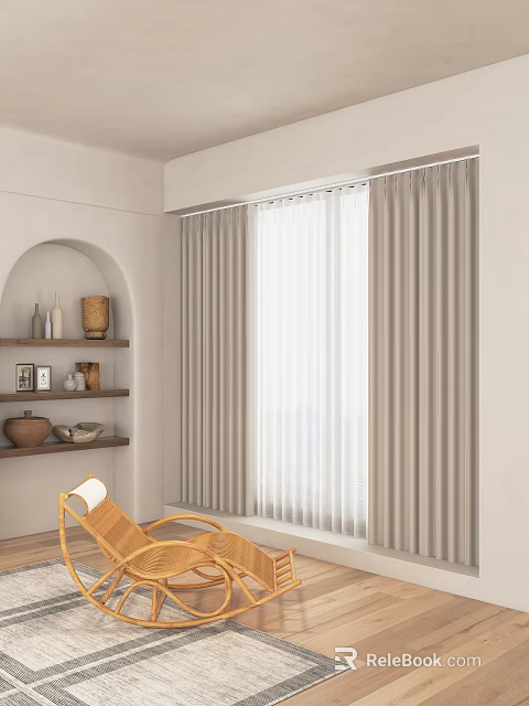 Minimalist Beige Curtain in Modern Interior Design with Bookshelf Rattan Chair and Decorative Items 3d model 