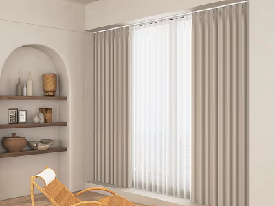 Minimalist Beige Curtain in Modern Interior Design with Bookshelf Rattan Chair and Decorative Items 3d model