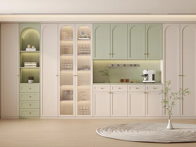 Modern Light Green White Wine Cabinet With Glass Doors Coffee Machine And Potted Plant 3d model