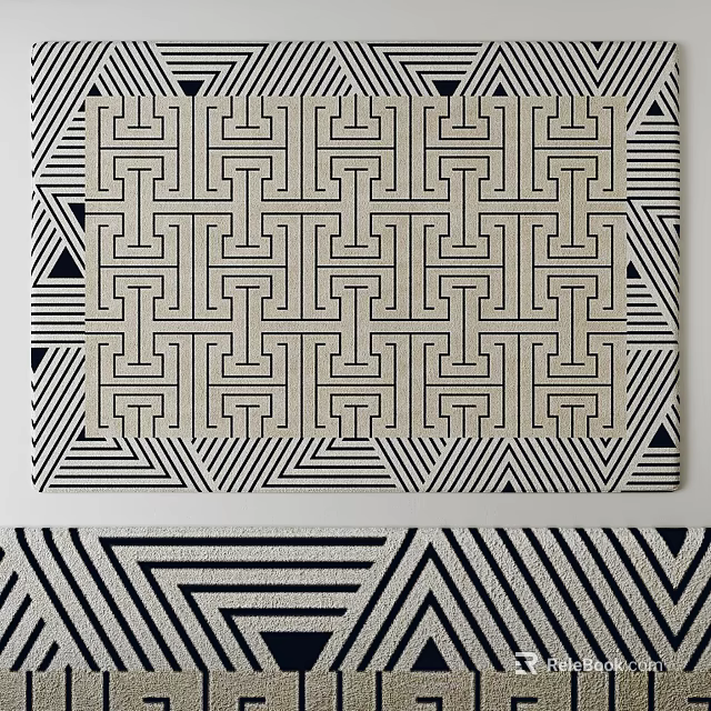 Modern Square Rug With Black and White Intricate Geometric Lines And Maze Pattern Design 3d model 