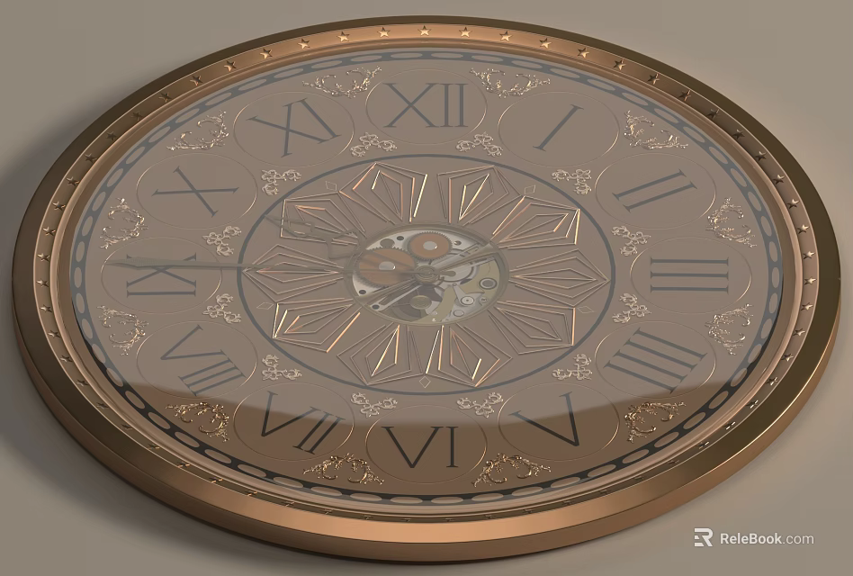 Round Decorative Clock With Roman Numerals Mechanical Gears And Golden Frame 3d model 