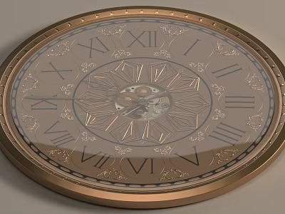 Round Decorative Clock With Roman Numerals Mechanical Gears And Golden Frame 3d model