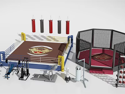 Professional Sports Equipment Including Boxing Ring Octagon Cage And Punching Bags 3d model