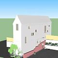 White Detached Villa Exterior With Green Trees Lawn And Pink Stairs