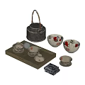 Traditional Chinese Ceramic Tea Set With Wooden Tray Teacups And Red Patterned Bowls