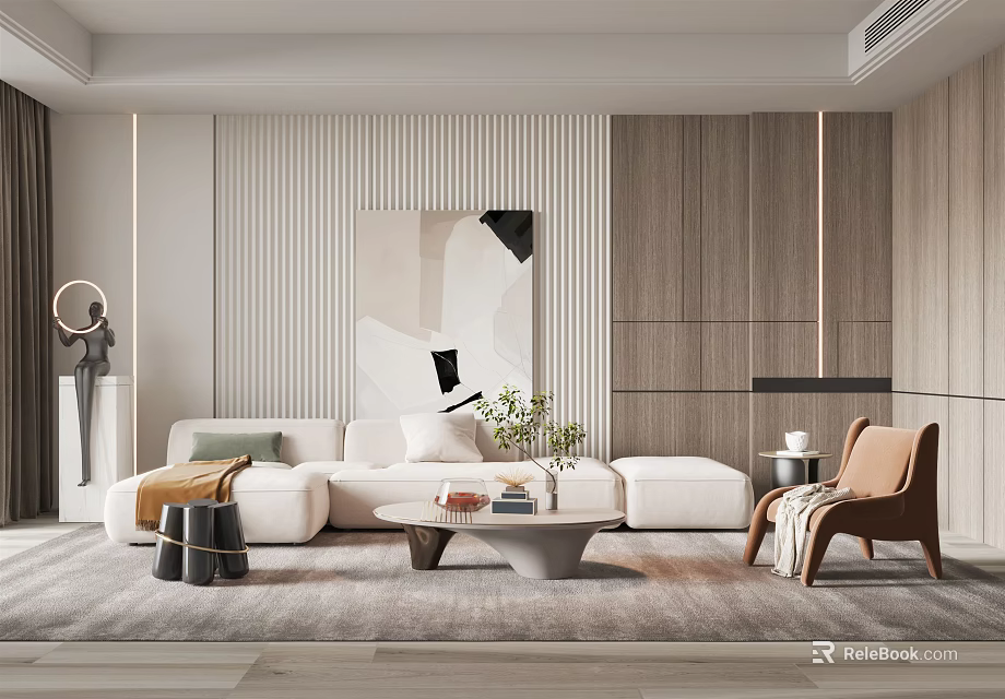 Modern Living Room Interior With L shaped White Sofa Abstract Painting And Coffee Table 3d model 