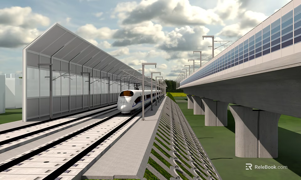 Transparent Safety Fence Along High Speed Railway Track With Solar Panels And Street Lamps 3d model 