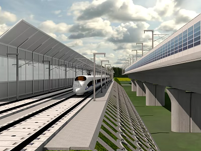 Transparent Safety Fence Along High Speed Railway Track With Solar Panels And Street Lamps 3d model