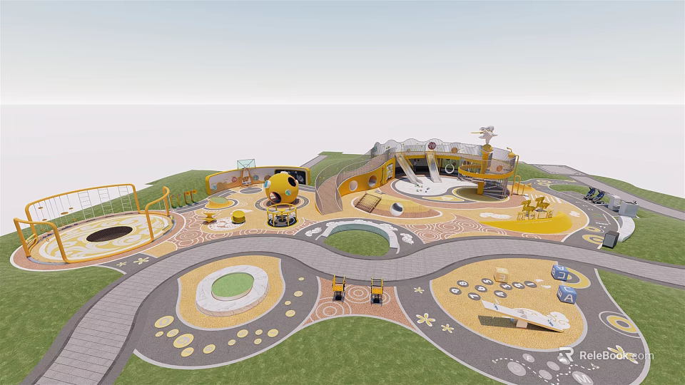 Fun Safe Children's Play Area with Slides Swings Climbing Frames and Colorful Lawn Design 3d model 