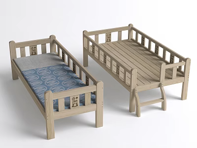Simple Design Wooden Baby Beds With Guardrails Blue Patterned Mattress And Wooden Slats 3d model
