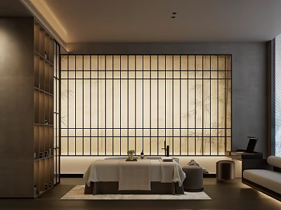 Relaxing Modern SPA Sauna Interior With Massage Bed Striped Screen And Soft Lighting 3d model
