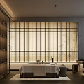 Relaxing Modern SPA Sauna Interior With Massage Bed Striped Screen And Soft Lighting