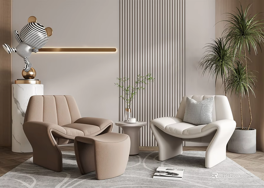 Modern Casual Sofa Set With Beige Armchairs White Seating Side Table And Potted Plants 3d model 