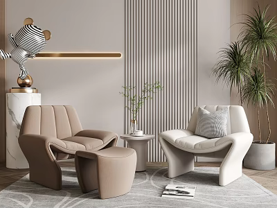 Modern Casual Sofa Set With Beige Armchairs White Seating Side Table And Potted Plants 3d model