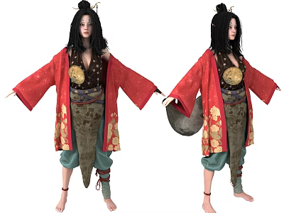 Game and Movie Character With Long Black Hair Red Robe Gold Patterns Green Pants 3d model