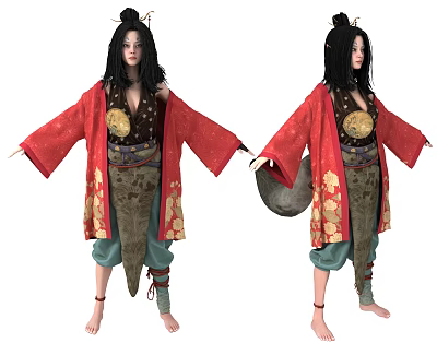 Game and Movie Character With Long Black Hair Red Robe Gold Patterns Green Pants 3d model