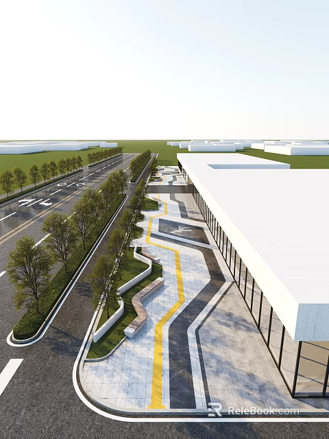 Modern Urban Area With White Buildings Tree Lined Roads And Landscaped Walkways 3d model 