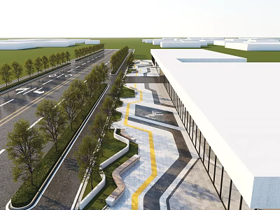 Modern Urban Area With White Buildings Tree Lined Roads And Landscaped Walkways 3d model
