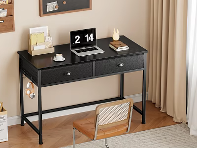 Black Desk with Laptop Candle Books and Coffee Cup on Wooden Floor with Chair 3d model